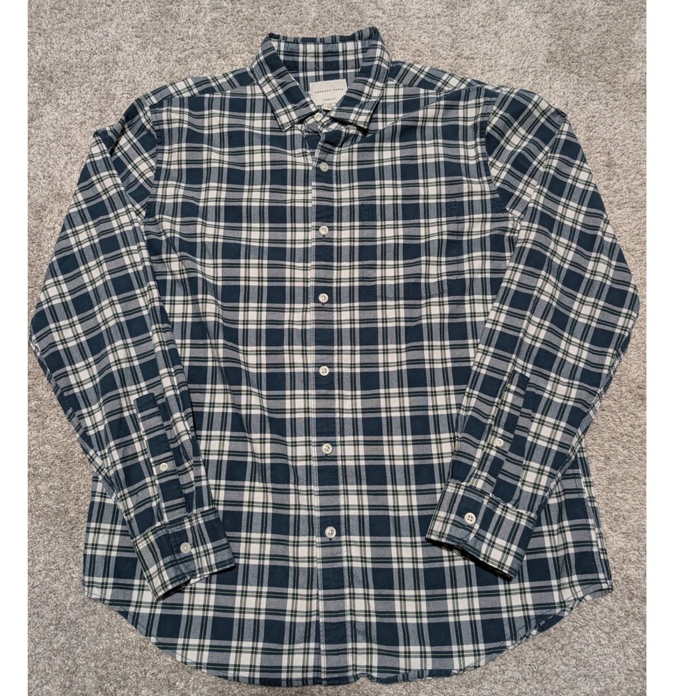 American Eagle Shirt Mens Large Blue White Plaid Classic Fit Button Down Casual